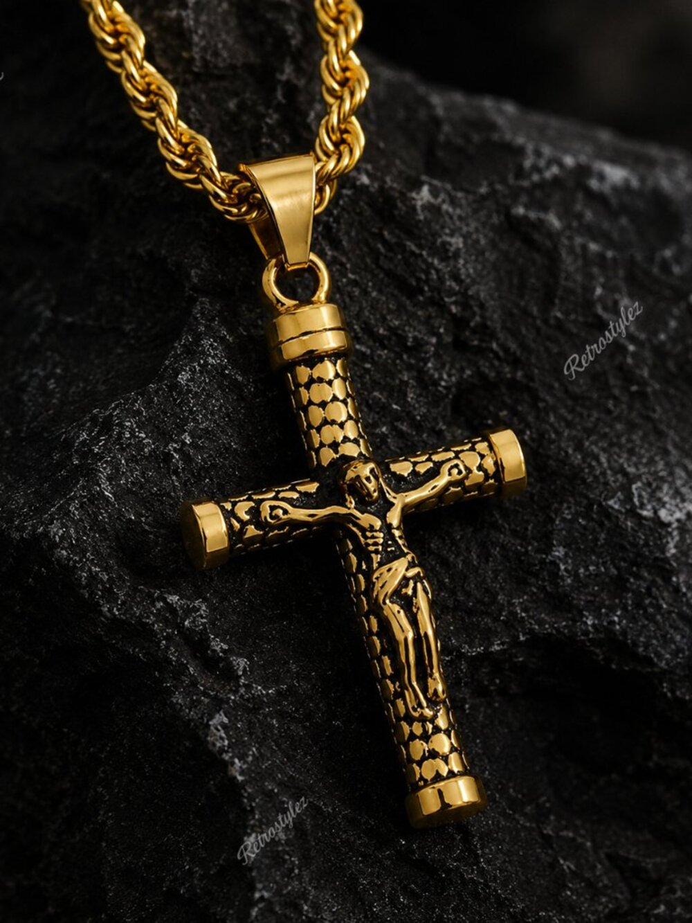 14K Gold Mens 24" Christian Cross Pendant Chain Link Necklace 14K Silver Jewelry